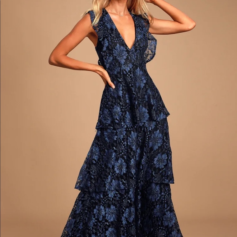 Lulus Molinetto Navy Blue Lace Ruffled Tiered Sleeveless Maxi Dress (size xs)